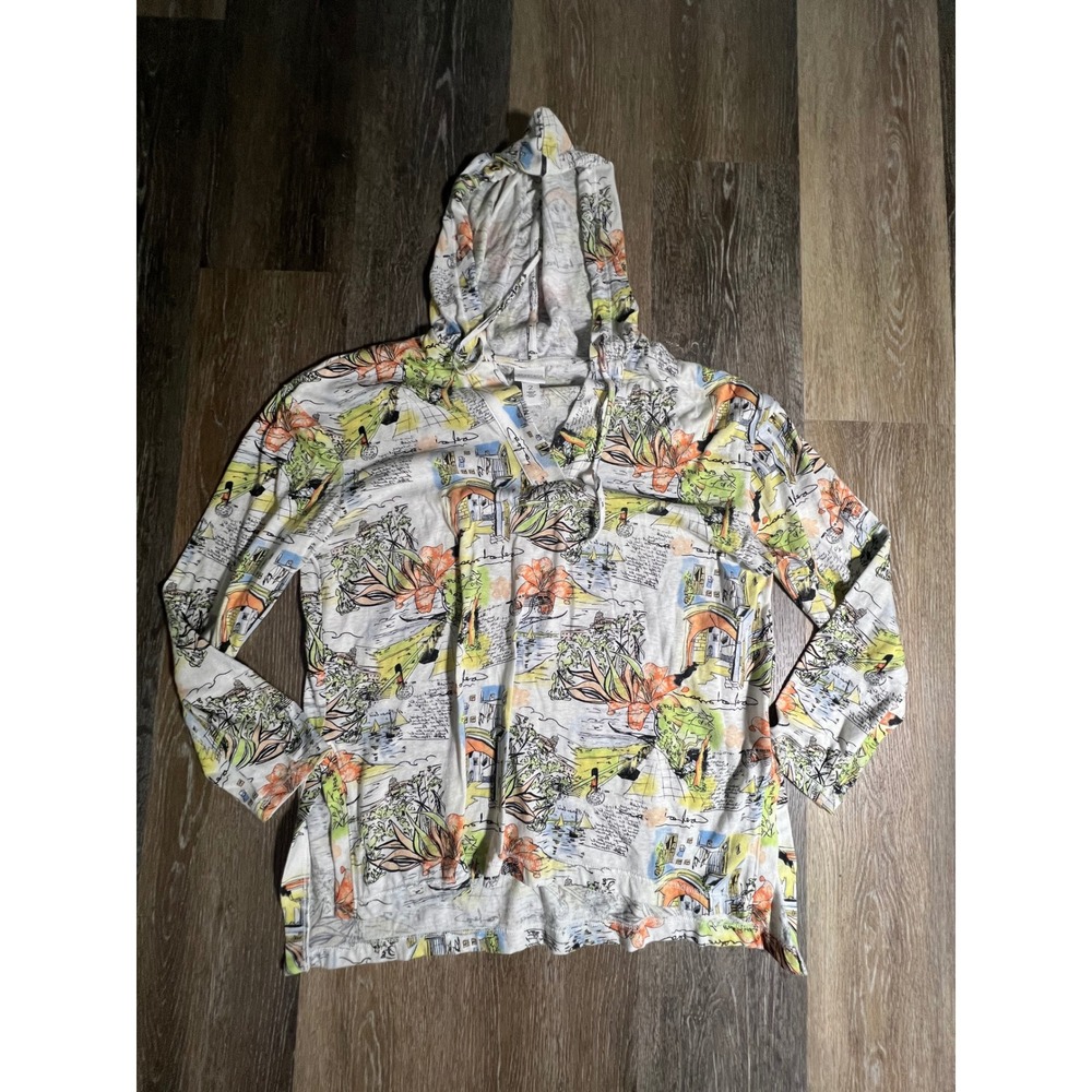 Weekends by Chico's Hoodie Womens 2 Large White Multi Art Print Excellent Top